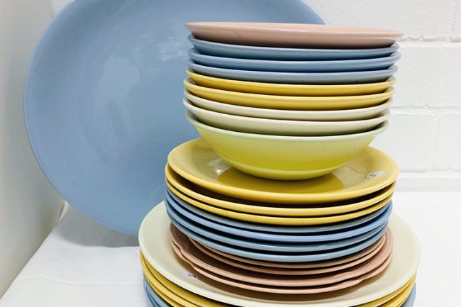 Johnston Ware sets. Plates, bowls, teacups, saucers, coffee cups, everyday, plain and patterned, blue, pink, yellow, green, white, cream
