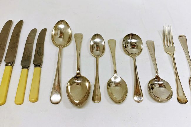 Tableware. Huge variety of cutlery, knives, forks, spoons, fish forks, carving knives, serving forks, serving spoons, boxed sets, in bakelite, faux bone, silver plate, Sheffield, English