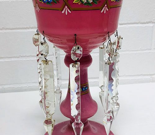 Ruby Glass Enamelled Luster. Table decorations, enamelled glass, crystal drops, continental.