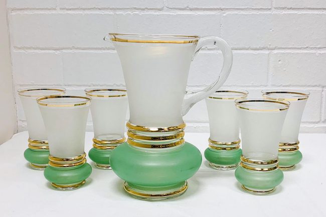Glass Water set. Japanese, gold trim, frosted, green, clear, jugs, glasses