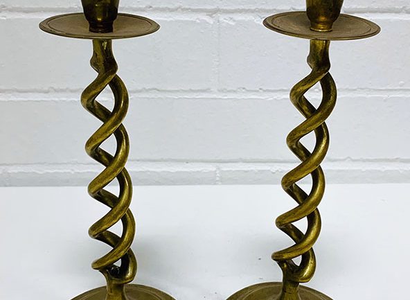 Brass Candlestick Holder pair. Other brassware pieces including kettles, vases, bowls, figurines, lamps and boxes from English, Australian, Indian, Chinese sources