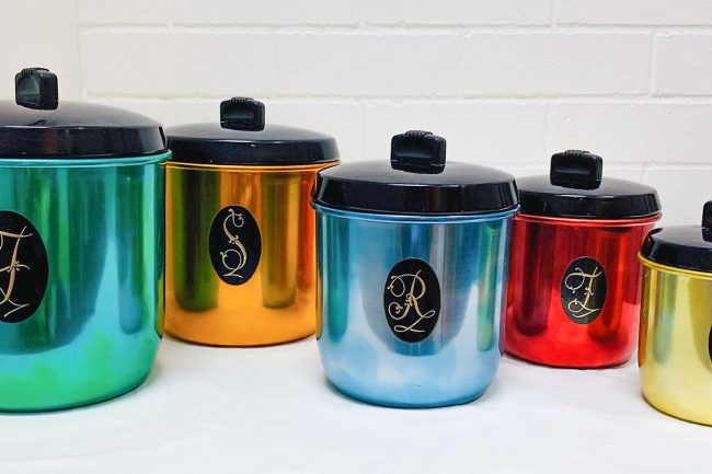 Anodised canisters. Manufacturers including Raeco, Colorware, Kartell, Model Maid. Canister sets, bakelite, aluminium, sugar bowls, teapots, stacking travel cups, kitchenware, pudding bowl, kettle, soda syphon, ice buckets and fondue sets