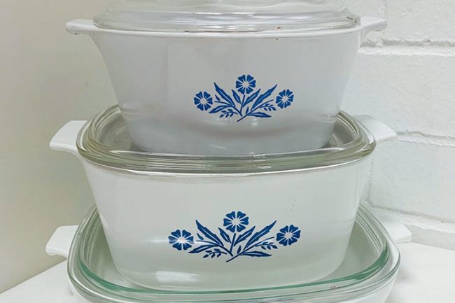 Corningware casserole set in cornflower blue pattern. Other pieces include teapots, coffee pots, other patterns, white and clear glass, "spice of life" pattern too.