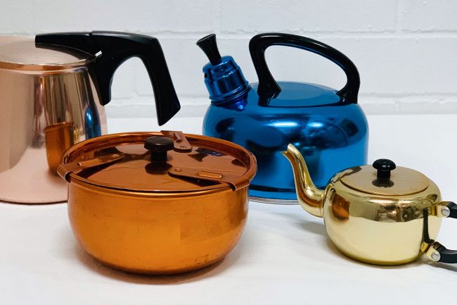 Anodised Teapots, bowls and jugs. Manufacturers including Raeco, Colorware, Kartell, Model Maid. Canister sets, bakelite, aluminium, sugar bowls, teapots, stacking travel cups, kitchenware, pudding bowl, kettle, soda syphon, ice buckets and fondue sets